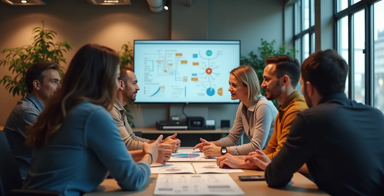 Illustration représentant une équipe de développeurs collaborant autour d'une architecture CSS structurée et organisée