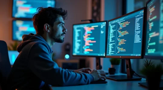 Un développeur travaillant sereinement sur du code CSS moderne avec des écrans montrant des interfaces web élégantes