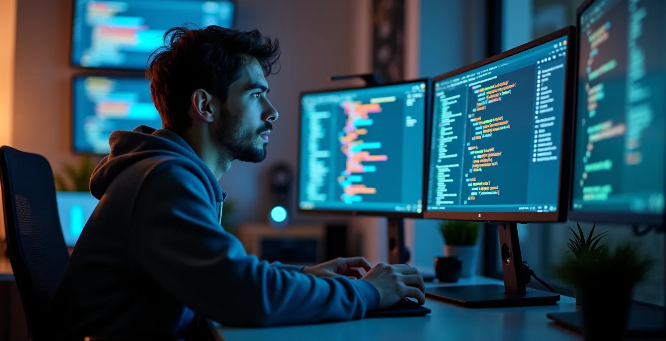 Un développeur travaillant sereinement sur du code CSS moderne avec des écrans montrant des interfaces web élégantes