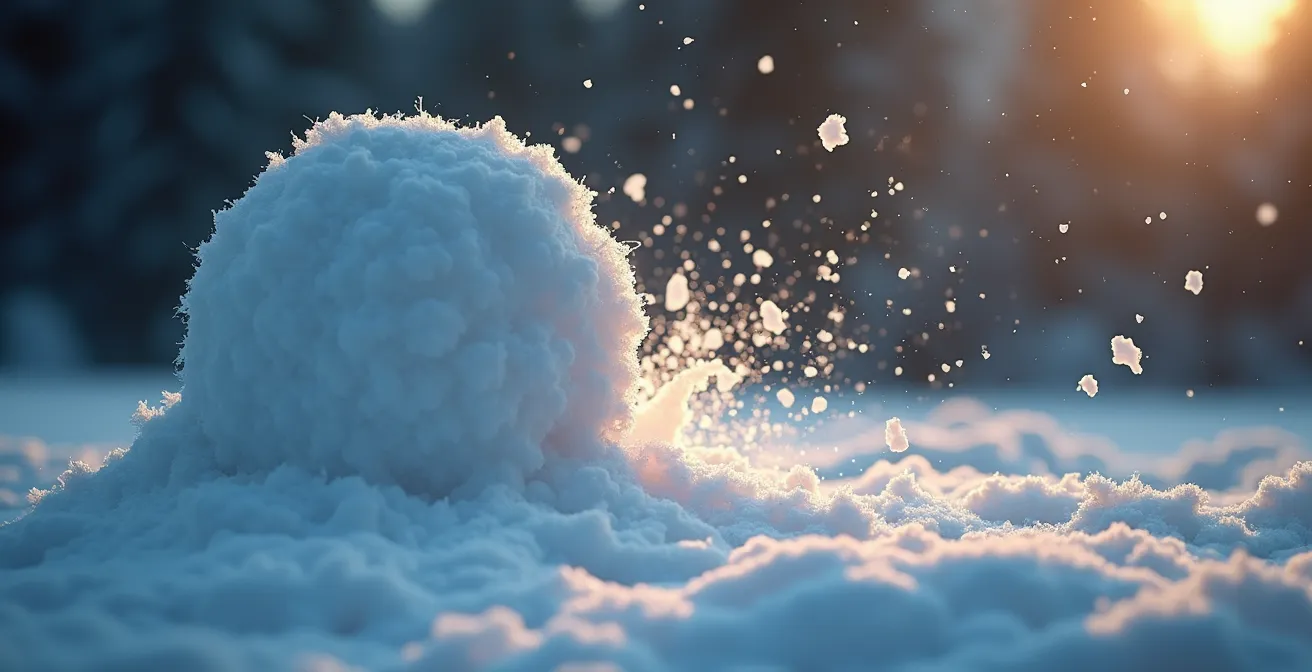 Illustration symbolique montrant une boule de neige grandissante engloutissant des éléments de design web pour représenter la duplication CSS impactant la cohérence du design