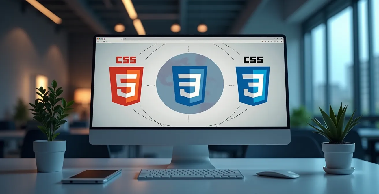 Illustration symbolique représentant l'harmonie entre CSS pur, frameworks et préprocesseurs dans le développement web moderne