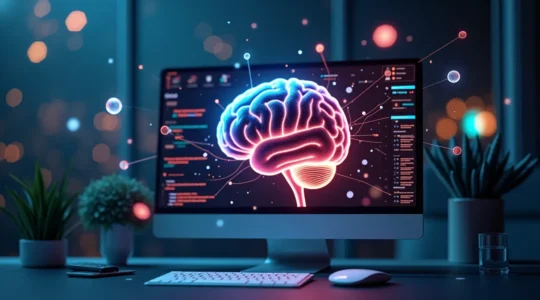 Représentation visuelle symbolique d'un cerveau humain interagissant avec des éléments de design CSS dynamiques et colorés sur un écran digital