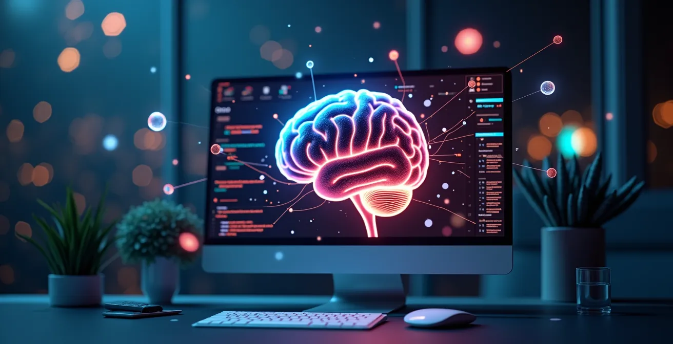 Représentation visuelle symbolique d'un cerveau humain interagissant avec des éléments de design CSS dynamiques et colorés sur un écran digital