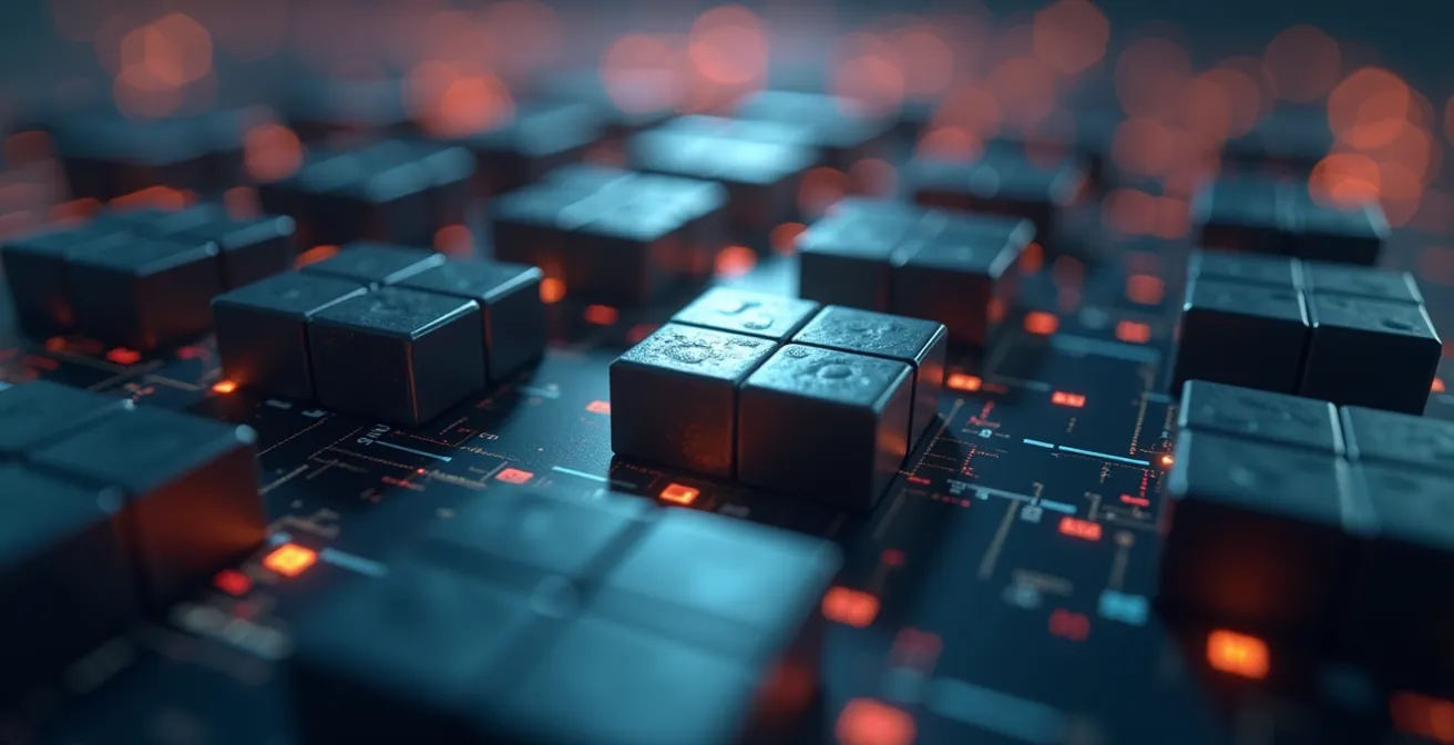 Illustration symbolique représentant l'évolution du CSS vers une approche modulaire avec des blocs et des modules imbriqués.