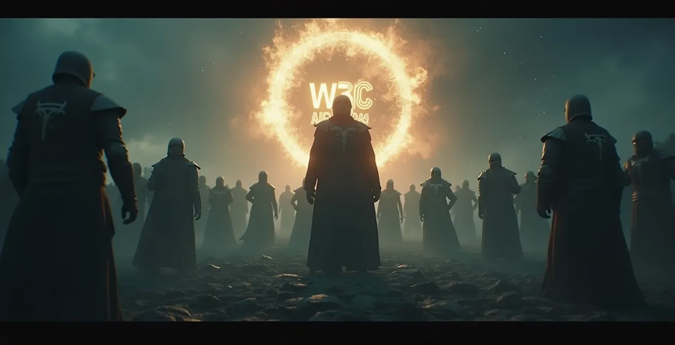 Illustration symbolique représentant une bataille entre navigateurs web avec l'emblème du W3C agissant comme un médiateur protecteur au centre