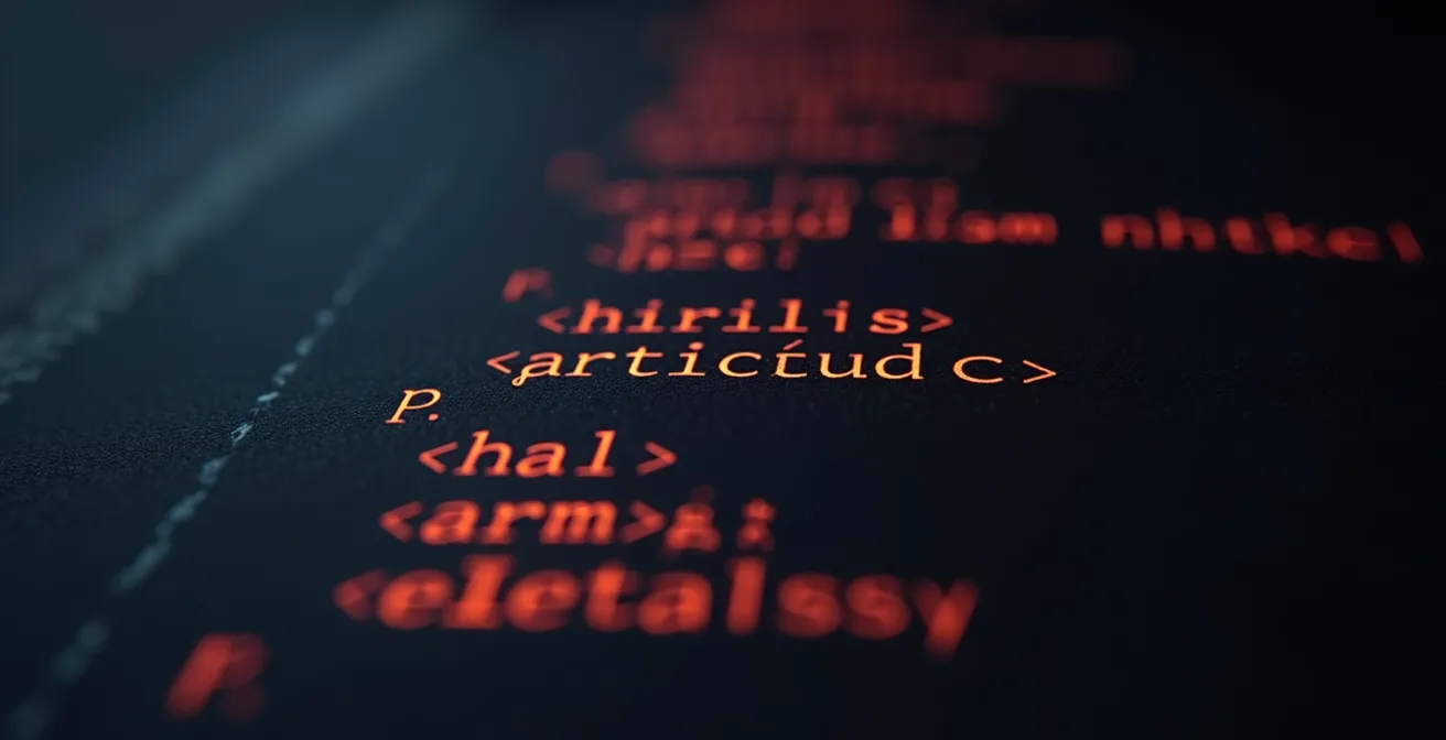 Illustration conceptuelle montrant des sélecteurs CSS sémantiques soulignant des éléments HTML avec des lignes de relation dans un code organisé.