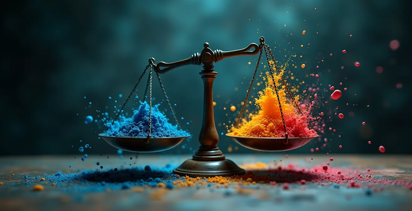 Illustration symbolique d'une balance équilibrant les forces de la cascade CSS entre ordre et chaos.