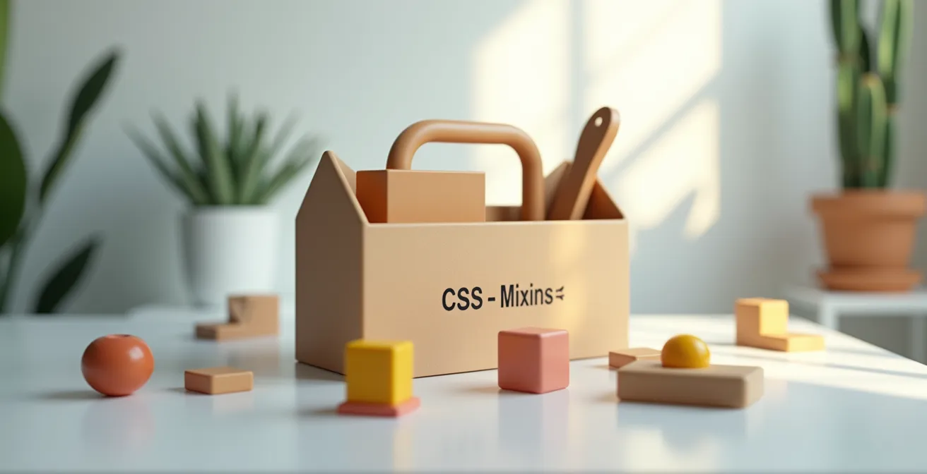 Illustration conceptuelle montrant une boîte d’outils CSS avec des composants réutilisables symbolisant les mixins Sass aidant à réduire la duplication dans le code CSS