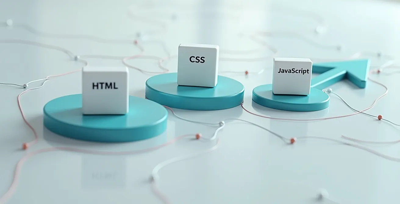 Illustration symbolique montrant la séparation claire entre HTML, CSS et JavaScript dans un projet web