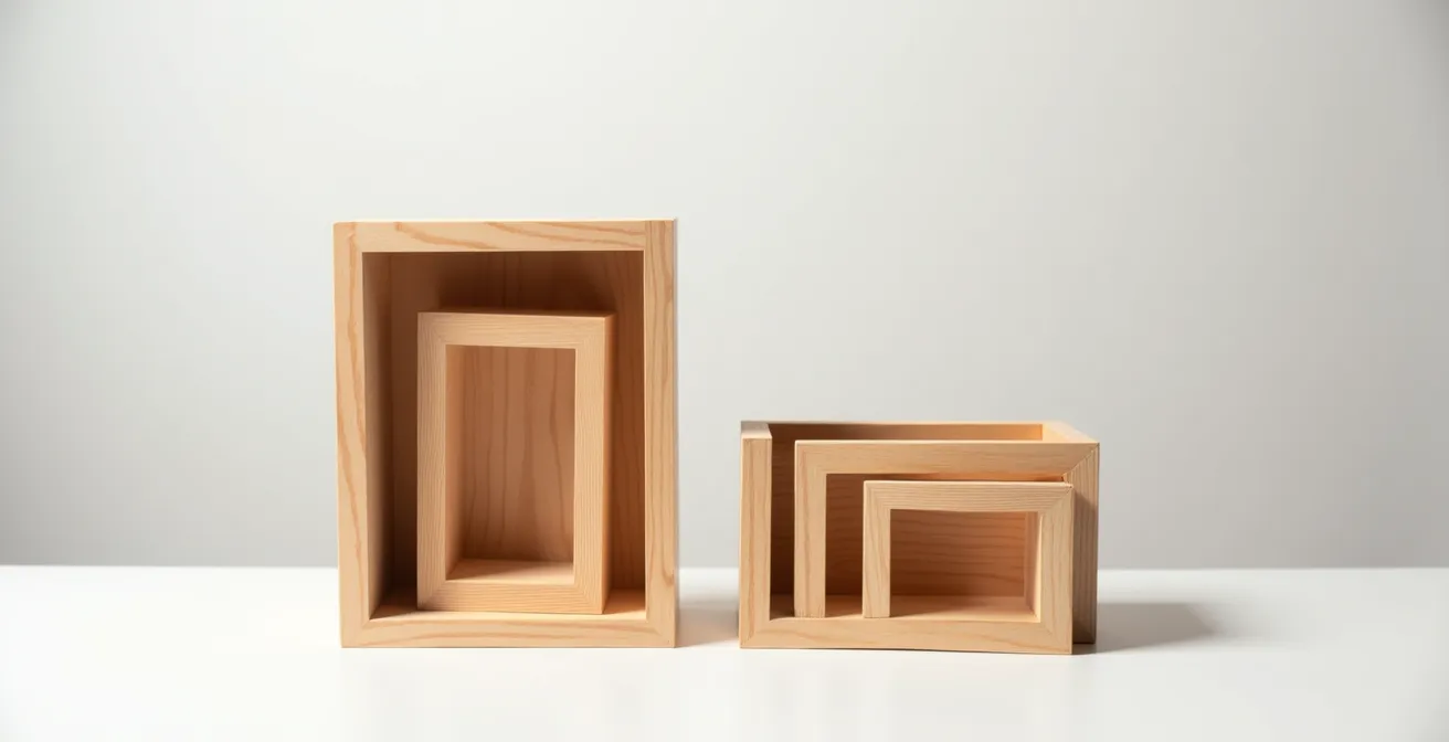 Comparaison visuelle entre content-box et border-box avec des boîtes en bois empilées