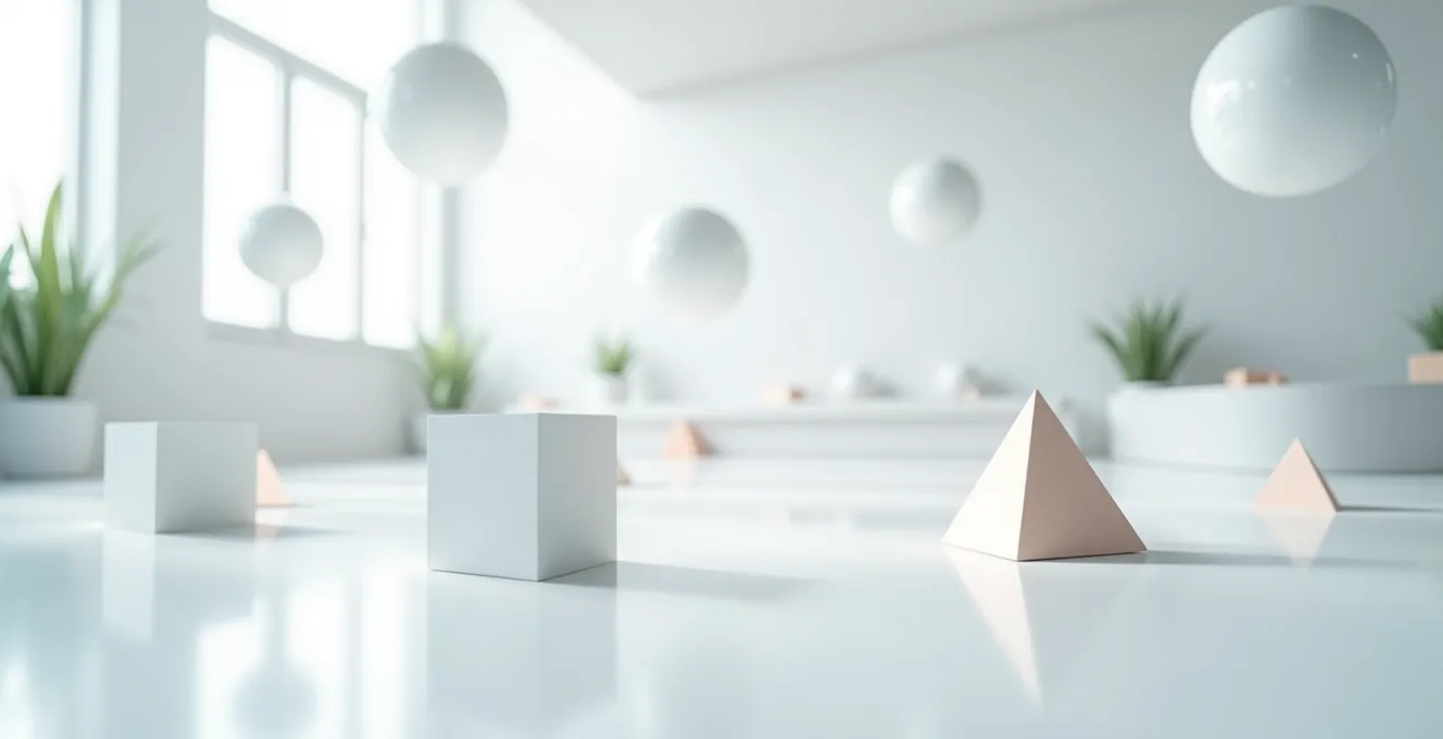Environnement de laboratoire minimaliste avec des formes géométriques flottantes représentant des propriétés CSS en transformation