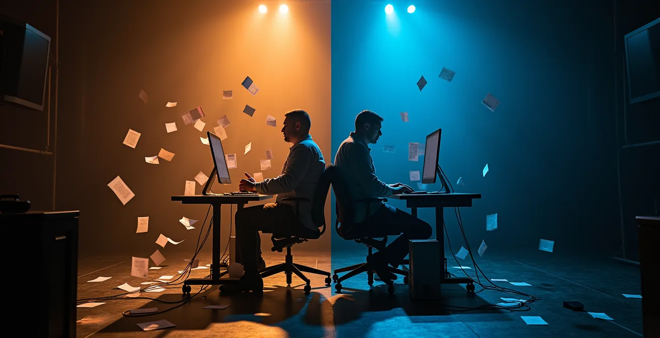 Comparaison visuelle entre GPU et CPU représentés comme machiniste et metteur en scène dans un théâtre