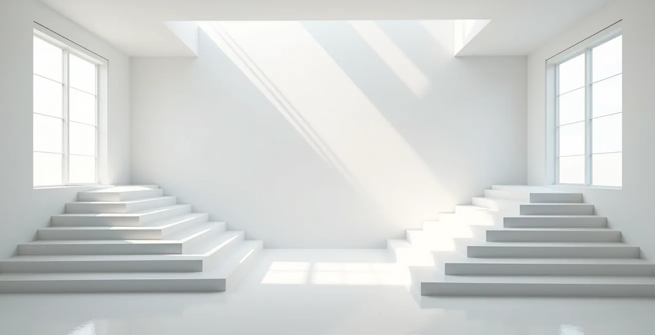 Espace architectural minimaliste avec escaliers et niveaux multiples symbolisant la hiérarchie des titres HTML