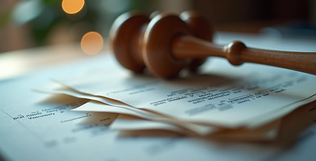 Vue macro d'un marteau de juge abstrait posé sur des couches de code CSS empilées comme des documents juridiques