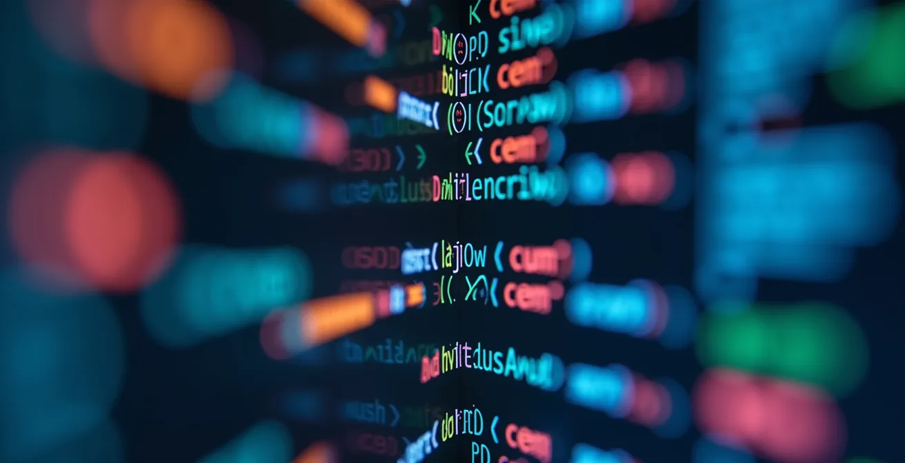 Vue macro d'un écran montrant des outils de développement avec des lignes de code colorées en arrière-plan flou