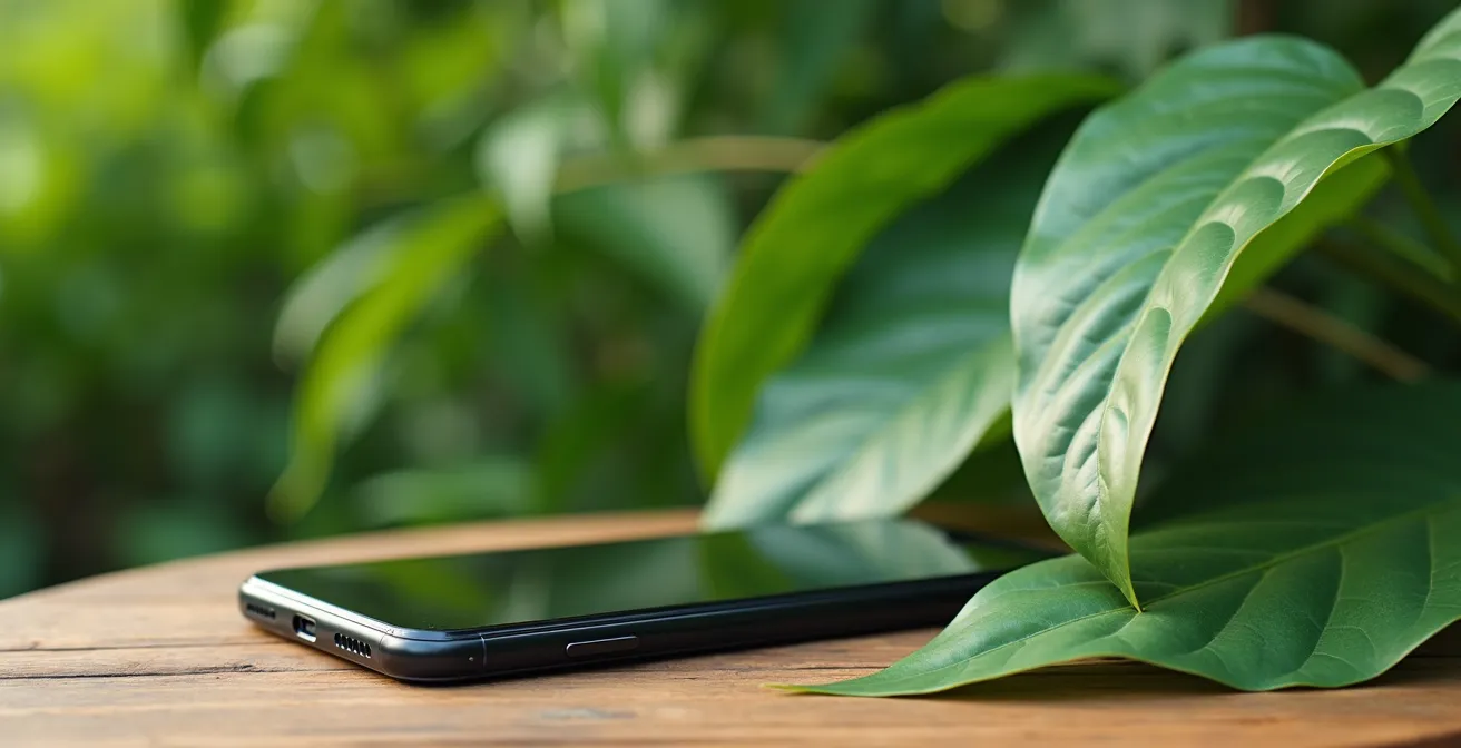 Composition minimaliste montrant un smartphone posé sur des feuilles vertes naturelles, symbolisant l'éco-conception numérique