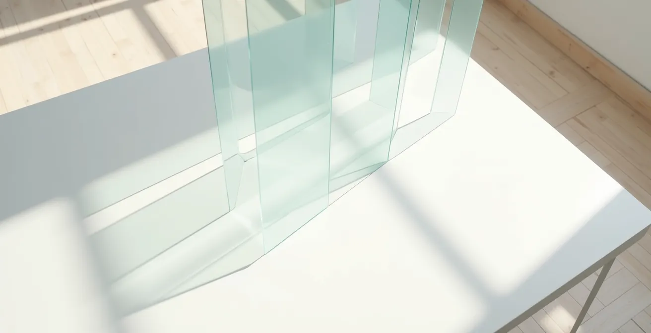 Vue aérienne d'un espace de travail épuré avec des éléments géométriques disposés en couches