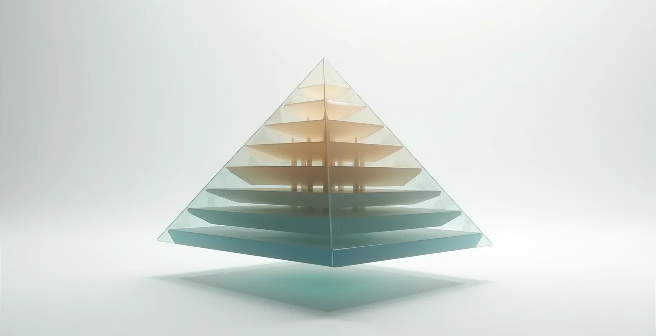 Triangle inversé représentant les couches de l'architecture ITCSS avec profondeur de champ